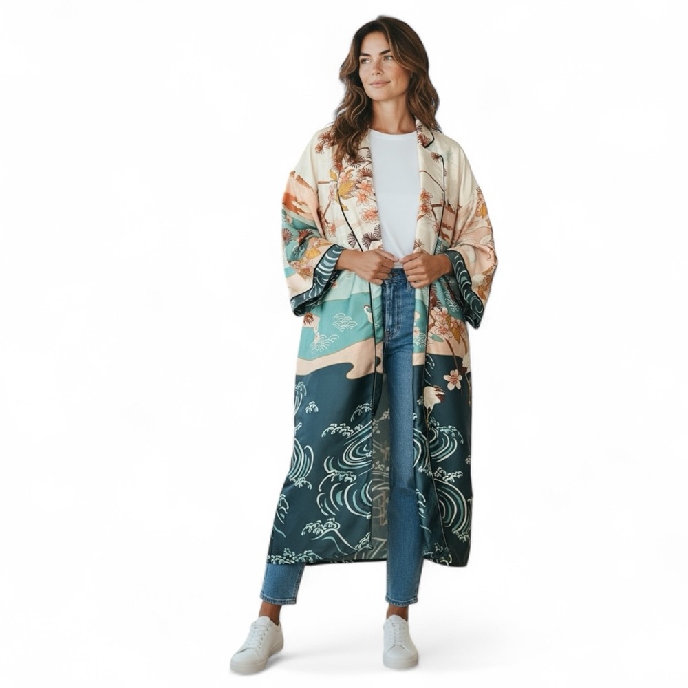 Forever 21 Satin Kimono Duster – Size 1X – Crane & Wave Print – Y2K Boho Chic
